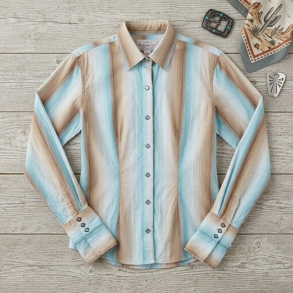 Panhandle Slim Tops - Panhandle Slim Stripe Western Shirt Women XS Diamond Pearl Snap Turquoise  Rodeo